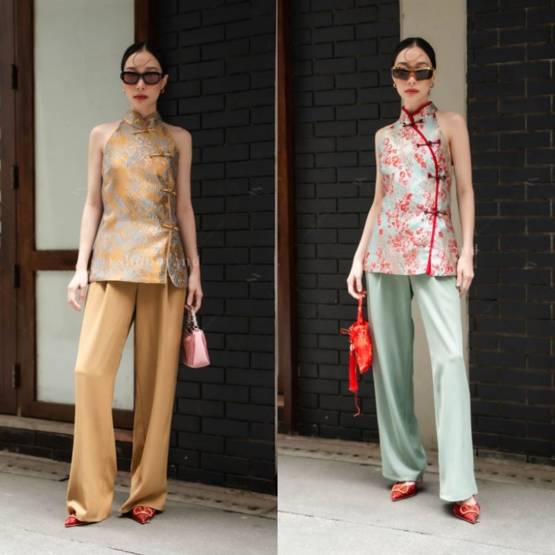 เซตกี่เพ้า 2 ชิ้น เสื้อคอจีนแขนกุดผ้าทอ+กางเกง​ขายาว VSHOP