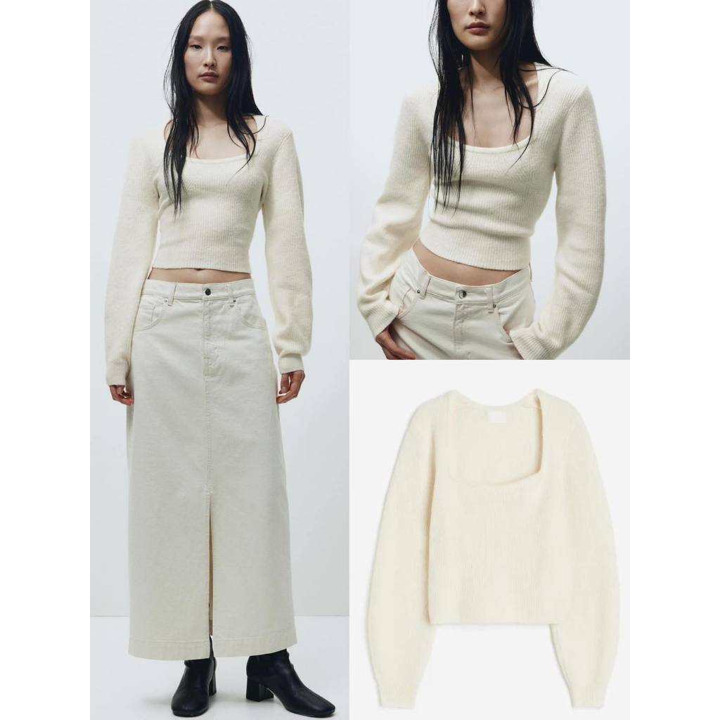 HM Rib-knit Sweater  เสื้อแขนยาว เนื้อผ้าไหมพรม ทรงคอเหลี่ยม ช่วงแขนพองๆ เนื้อผ้าไหมพรมเนื้อนิ่มมาก 