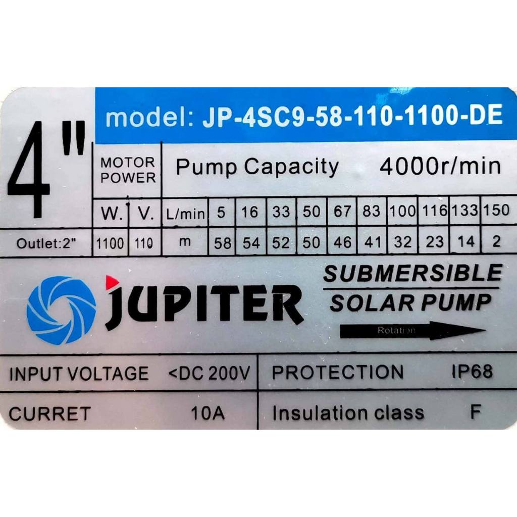 JUPITER ชุดเลือก ปั๊มบาดาล DC 1100W รุ่น JP-4SC9-58-110-1100-DE บ่อ4 น้ำออก 2นิ้ว พร้อมอุปกรณ์+ แผงโซล่าเซลล์ 4 แผง จูปิ