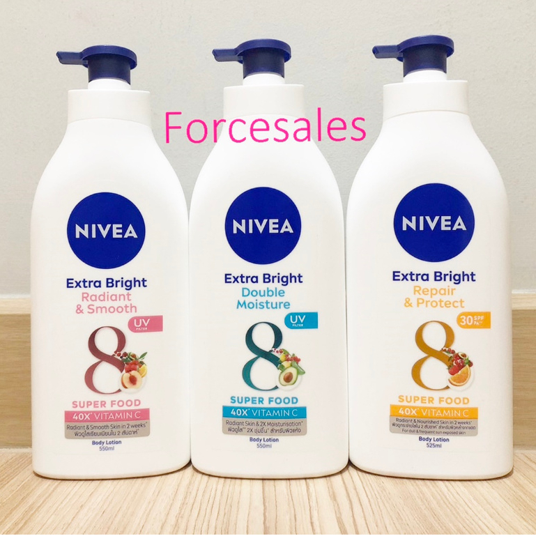 NIVEA นีเวีย เอ็กตร้า ไวท์ เฟิร์ม / เรเดียนท์ แอนด์ สมูท โลชั่น 550 มล/รีแพร์ แอนด์ โพรเทค บอดี้ โลชั่น เอสพีเอฟ30พีเอ++