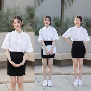 เสื้อนักศึกษาทรงบอย เสื้อคอจีน คอจีน ผ้าดิบอ็อกฟอร์ด ผ้าคอมทวิว SZ.36-50