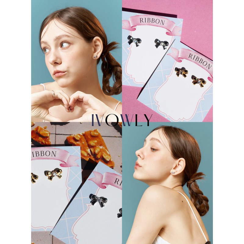 ivowly- Ribbon gems ต่างหูโบว์แบบมีพลอย