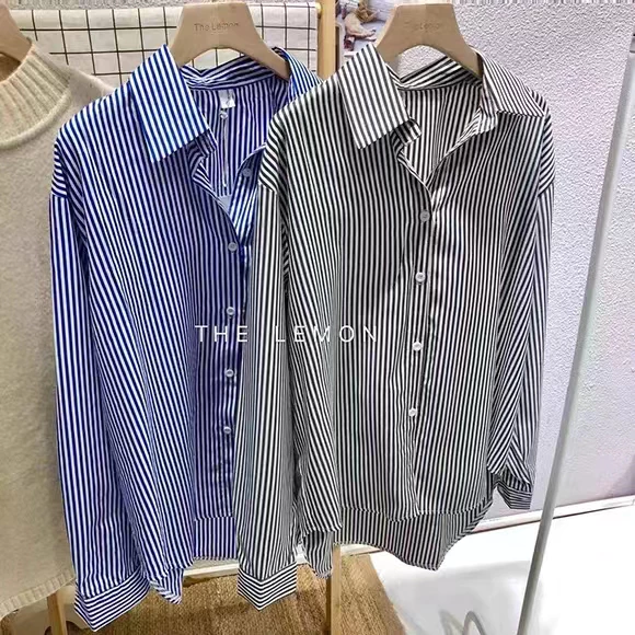 💖Dahong 💖เสื้อแฟชั่น เสื้อเชิ้ตสีน้ําเงิน ลายทาง สำหรับผู้หญิง ทรงหลวม แฟชั่นฤดูใบไม้ผลิ และฤดูใบไม้ร่วง