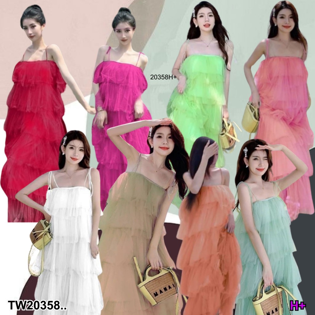 Sshop ส่งไว1-2วัน S20358 เดรสยาวผ้ามุ้งระบายชั้น ..