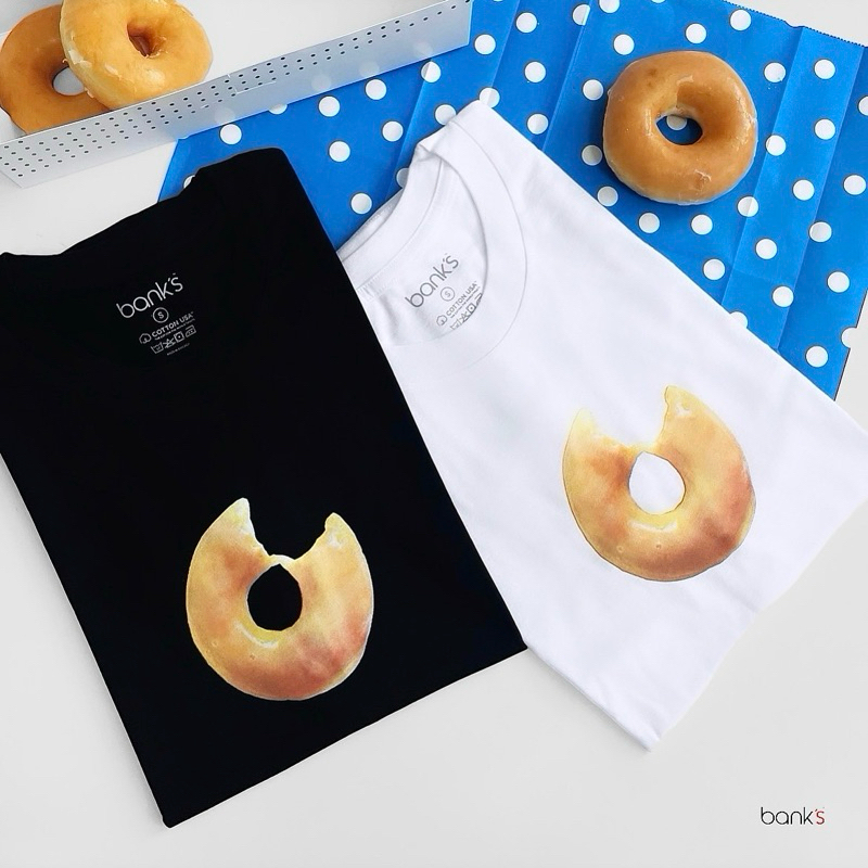 bank’s Donut T-Shirt in black and white color 100% Cotton USA เสื้อยืดคอกลมพิมพ์ลาย โดนัท เสื้อยืดคุณภาพดี