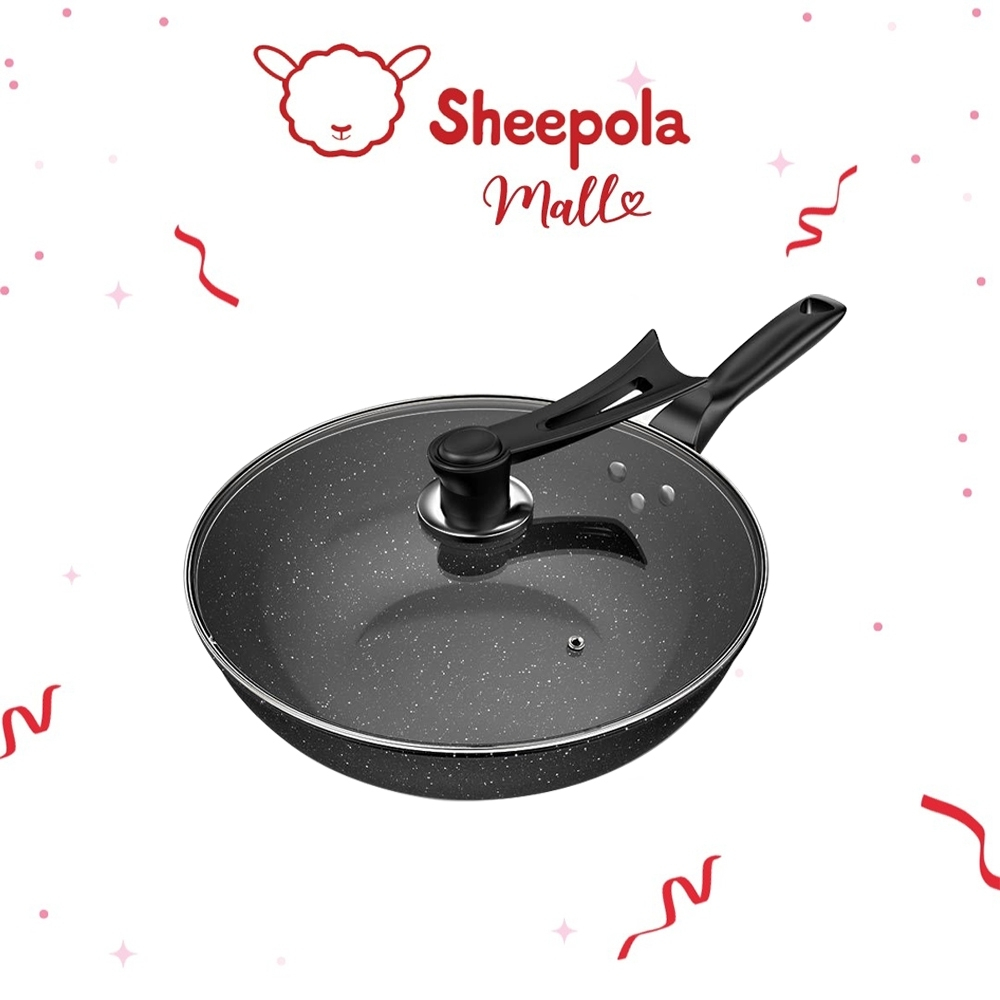 SHEEPOLA กระทะหินอ่อน ขนาด 32ซม. พร้อมฝาแก้ว รุ่นLO-03027-01 กระทะเทปล่อน กระทะ กระทะพร้อมฝา