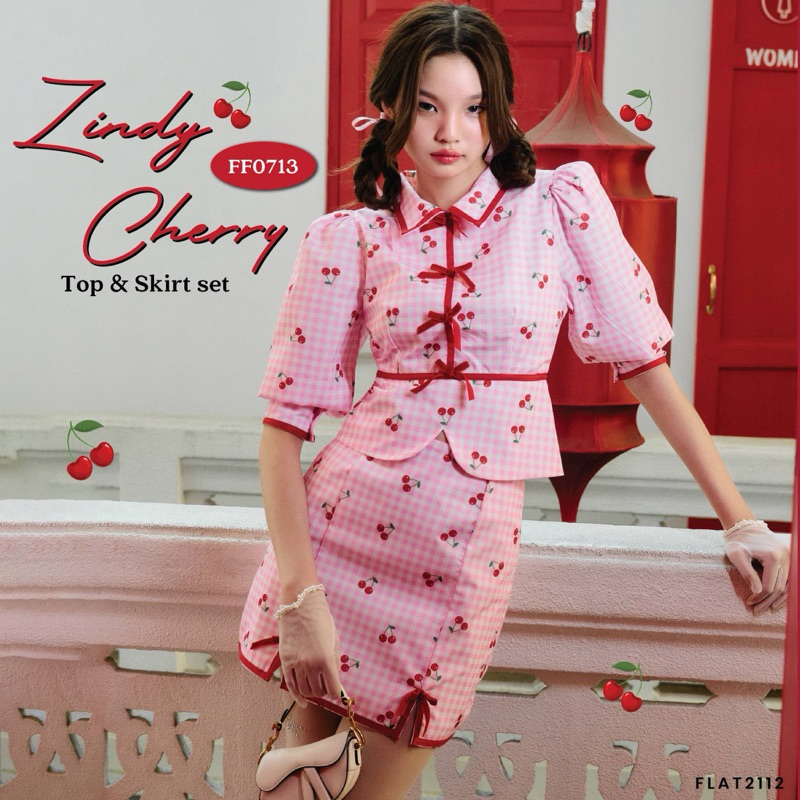 FLAT2112 FF0713 : ZINDY CHERRY TOP & SKIRT SET ชุดเซ็ทเสื้อตรุษจีนลายเชอร์รี่ ชุดเซ็ทลายสก็อต