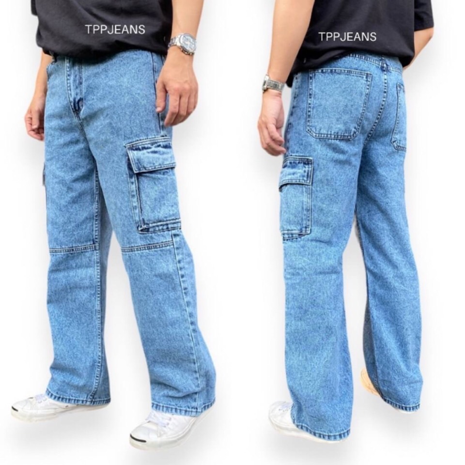 JEANSEXPRESS Cargo กางเกงยีนส์คาร์โก้ทรงกระบอก กระเป๋าข้าง สีบลูฟอกสโนว์ เป้าซิป มีไซส์ใหญ่ Size 28-42