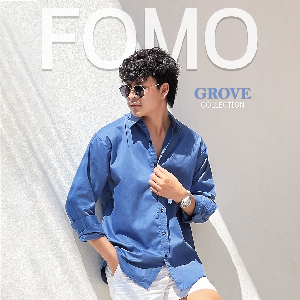 Fomo-เชิ้ตแขนยาว สีน้ำเงินเบจ เชิ้ตโทนสีน้ำเงิน