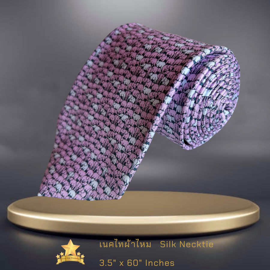 เนคไทผ้าไหม ช้างชมพูม่วงเทา  Silk necktie printed pink-purple-grey elephants -จิม ทอมป์สัน -Jim Thompson