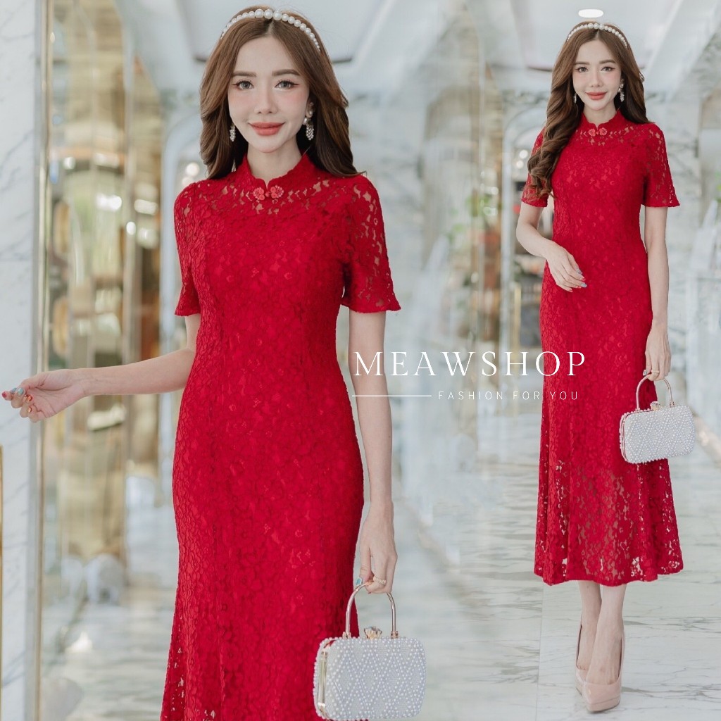 พร้อมส่ง S-XL ชุดเดรส กี่เพ้าลูกไม้ ทรงเรียบหรู ชุดกี่เพ้า ชุดรับอังเปา กี่เพ้า คอจีน Qipao ชุดตรุษจ