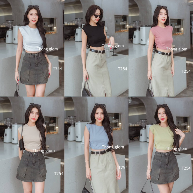 เสื้อครอปแขนล้ำย้นข้าง เนื้อผ้ายูนิโค่ Thong glom