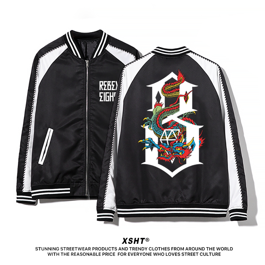 🔥พร้อมส่ง🔥 เสื้อแจ็คเก็ต Rebel8 Dragon Sukajan Varsity Bomber Jacket - Black (สีดำ) by XSHT