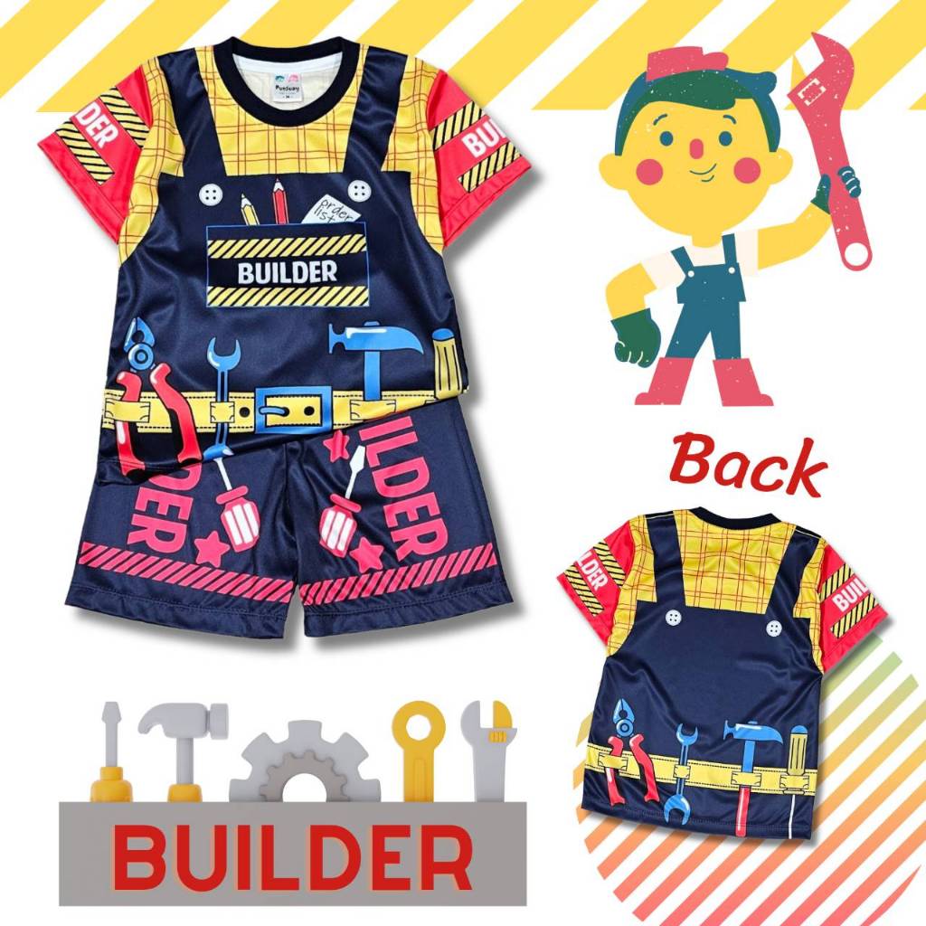 BD0728 เสื้อผ้าเด็ก ชุดอาชีพเด็ก เสื้อแขนสั้น+กางเกงขาสั้น ผ้าไมโครเกรดA ลายชุดช่างก่อสร้าง ชุดเด็ก ชุดเด็กลายการ์ตูน