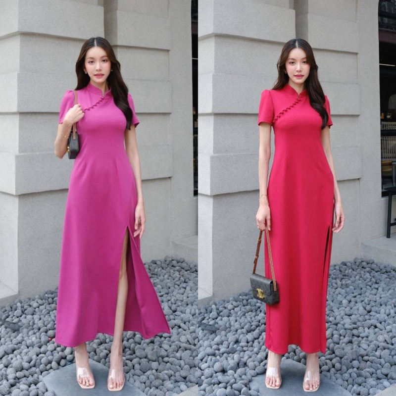 พร้อมส่ง : กดสั่งซื้อได้เลยจ้า เดรสกี่เพ้ายาวคอจีน เนื้อผ้าความยืด