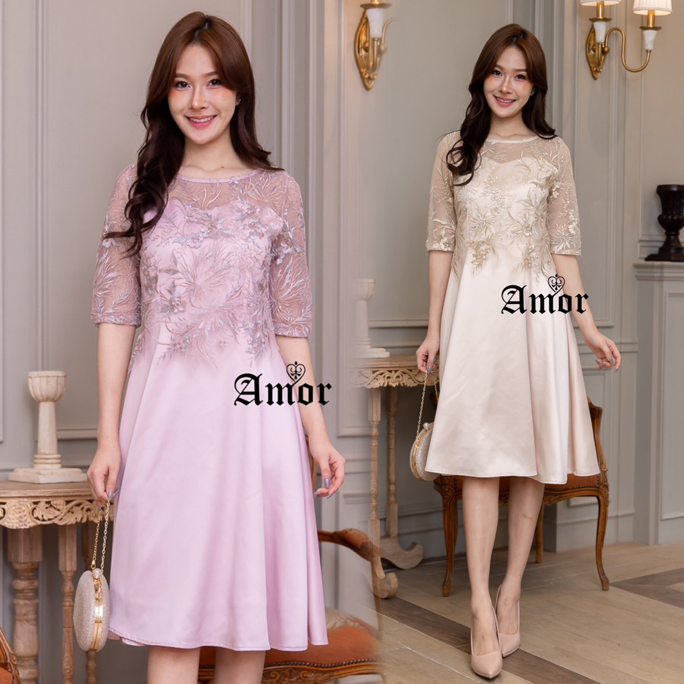 M-4XL ชุดเดรสลูกไม้ สีครีมทอง/ชมพูกะปิ กระโปรงบานสวย – โปรปัง