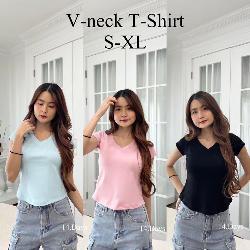 รุ่นVN (ลิ้งค์1) เสื้อยืดผู้หญิง คอวี ผ้าคอตตอนสเปนเดกซ์ นุ่มยืด มีไซส์s-xl