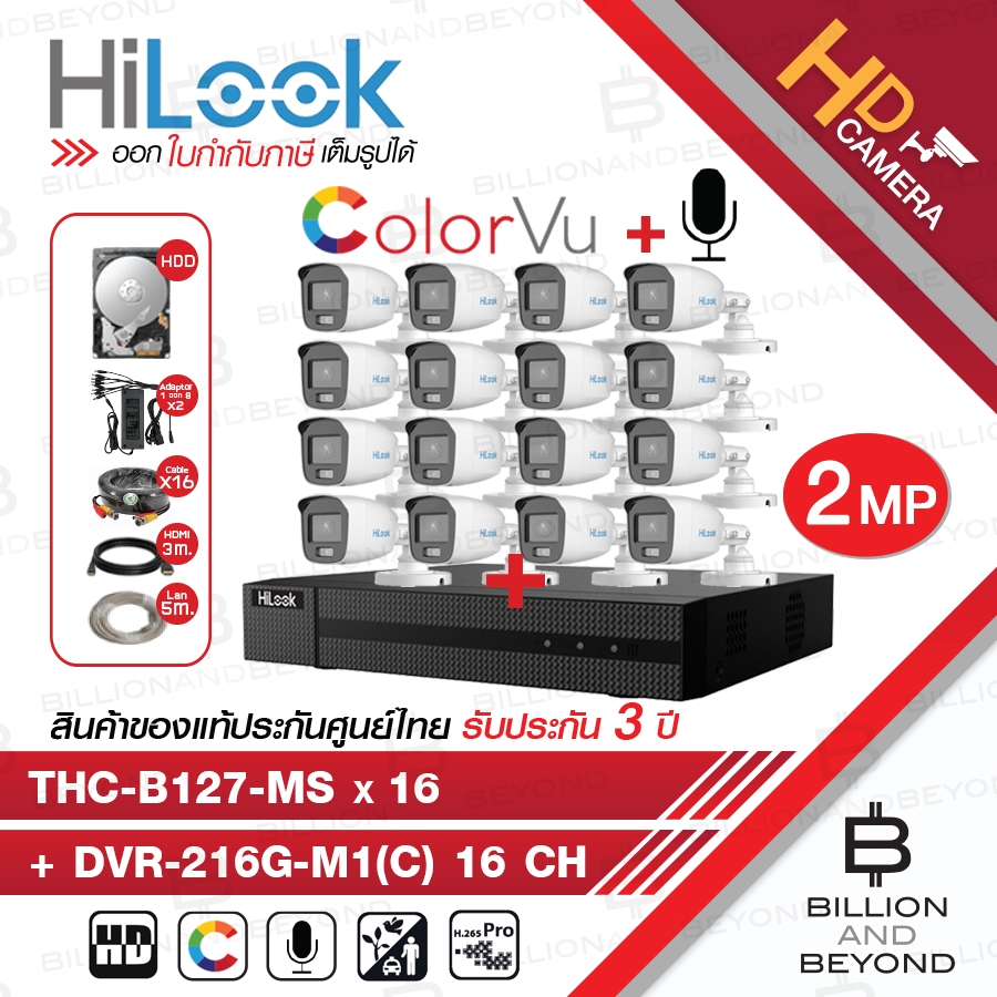 HILOOK FULL-SET 16CH 2MP DVR-216G-M1(C) + THC-B127-MS + HDD 1 TB + อุปกรณ์ติดตั้งครบชุด BY BILLION A