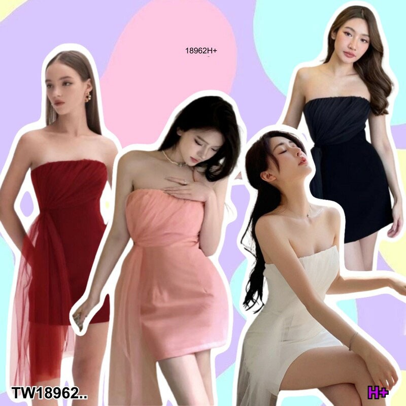TwinsShopVip💗พร้อมส่ง  TW18962 เดรสสั้นเกาะอกซิปหลัง แต่งผ้ามุ้งผูกเอวข้าง ..