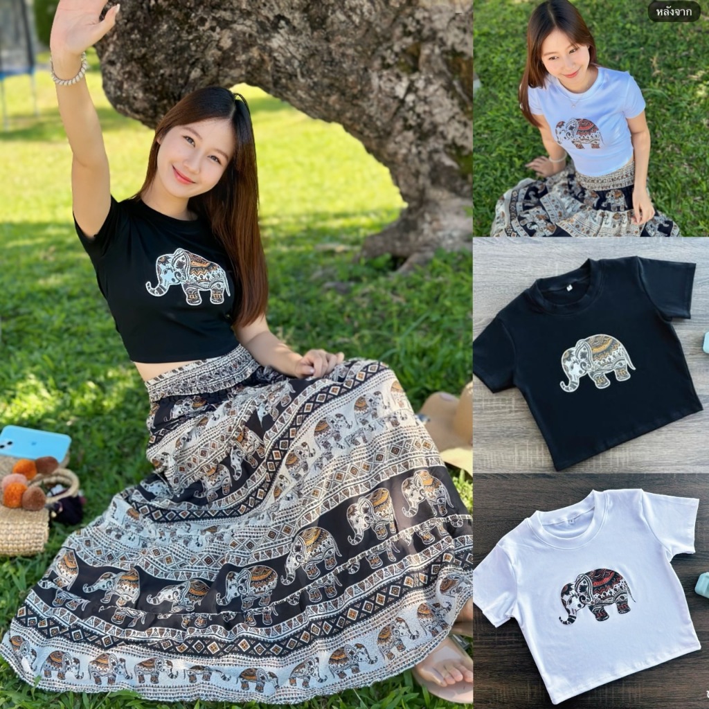 น่ารักสุดคิ้ว เสื้อครอปแขนสั้นลายช้าง เสื้อครอปคอตตอน100% มาพร้อมช้างสกรีนลายช้าง