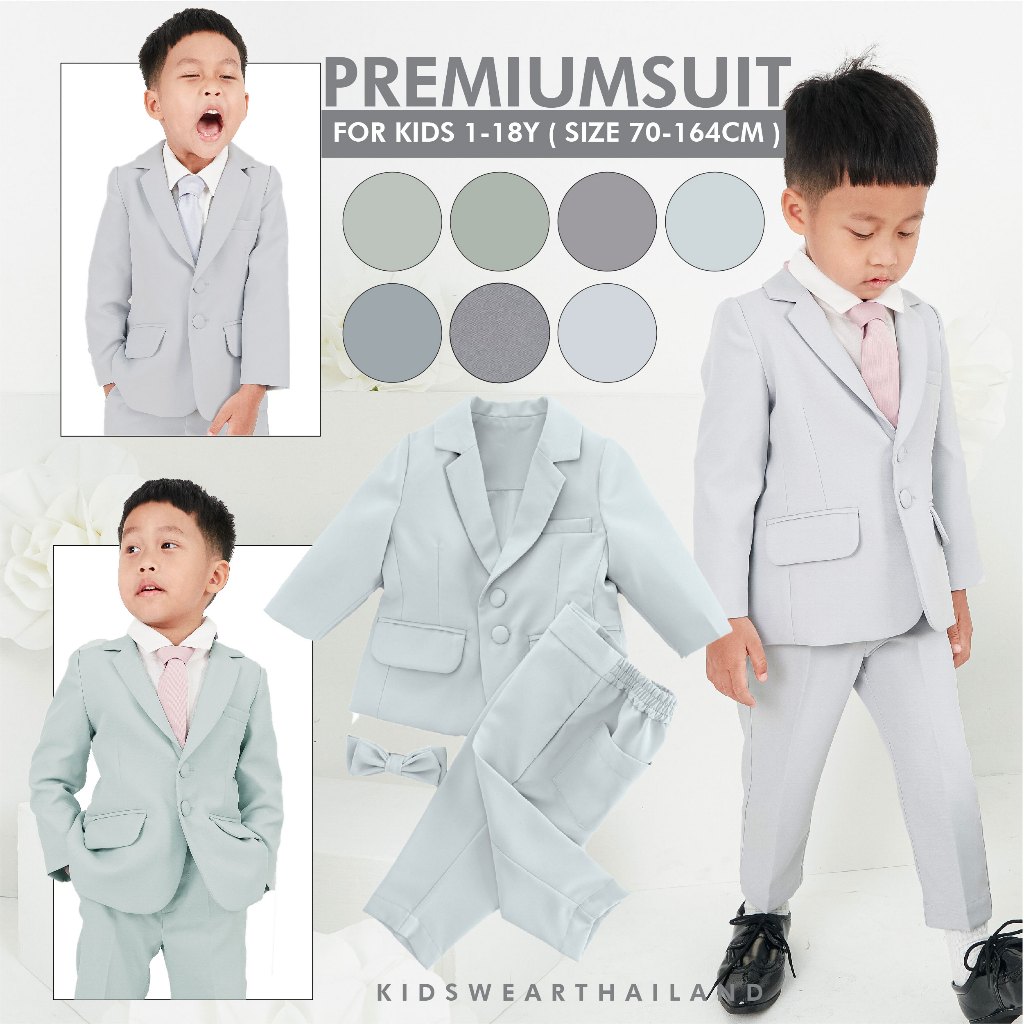 size 80-140 cm สูทเทาเข้ม เทาอ่อน พร้อมส่ง!! งานไทยสีฟ้าเทา เกรดสั่งตัด เด็กโต เด็กเล็ก พร้อมส่ง