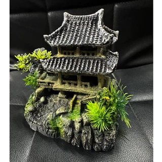 ของแต่งตู้ปลา - 15x18x9 Cm. ศาลาจีน เก๋งจีน สองชั้นบนฐานโขดหิน ต้นไม้ สวยงาม พร้อมส่ง
