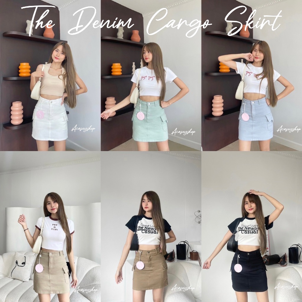 Acasey กระโปรง ผ้ายีนส์ ตัวสั้น กระโปรงคาร์โก้ ผ้ายืด ไซส์ S - XL