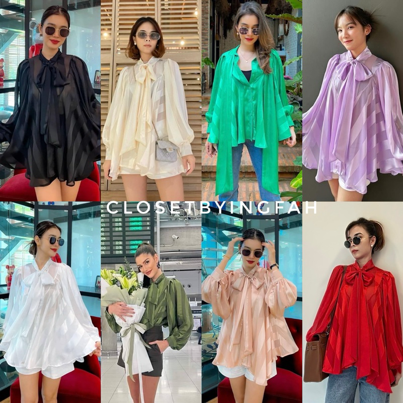 เสื้อแขนยาว ผูกโบว์คอผ้าพริ้วๆ ลายริ้ว ซีทรู BELLA BOW CHIFFON SILK TOP