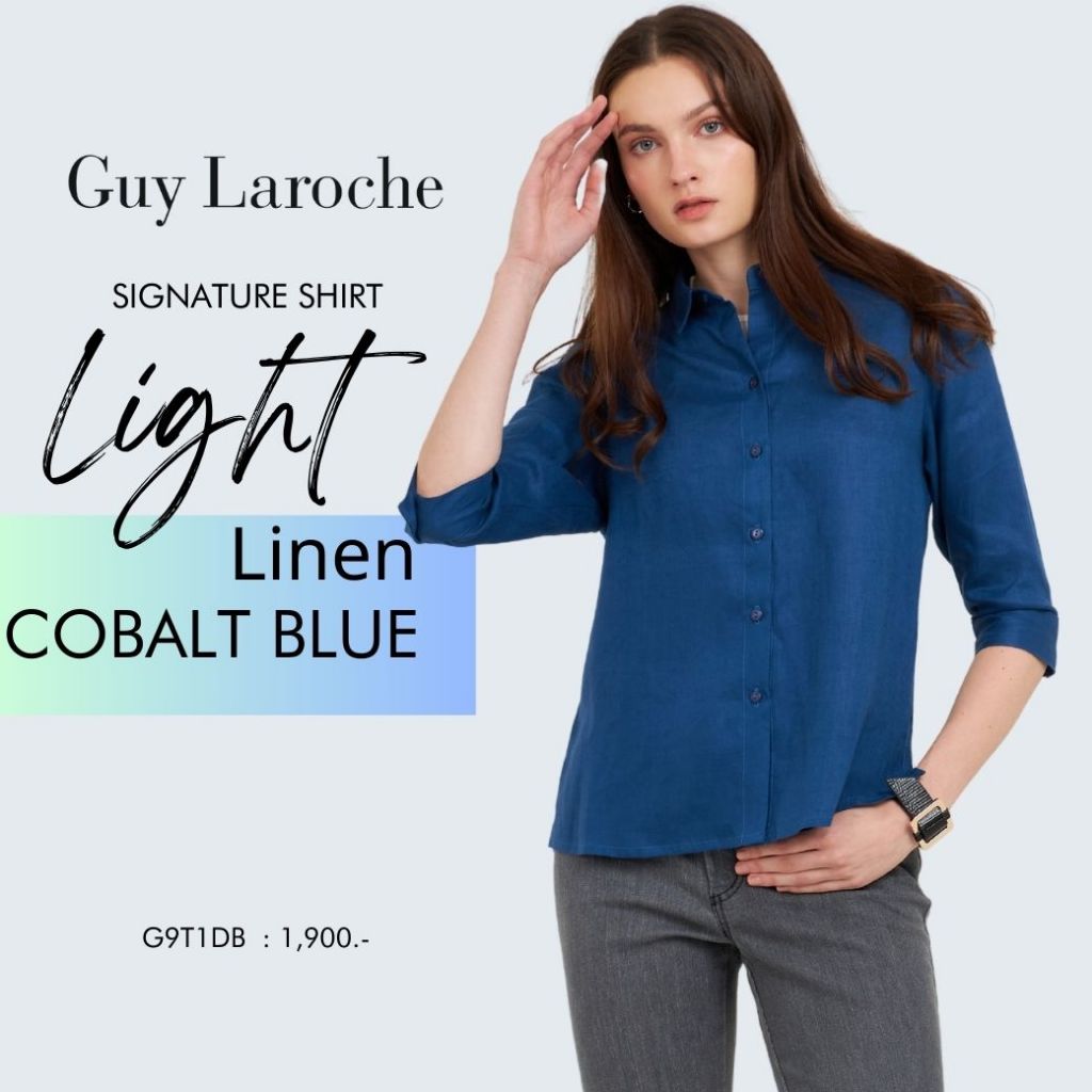 Guy Laroche เสื้อเชิ๊ตผู้หญิง ไลท์ ลินิน แขนสามส่วน สีน้ำเงิน (G9T1DB)
