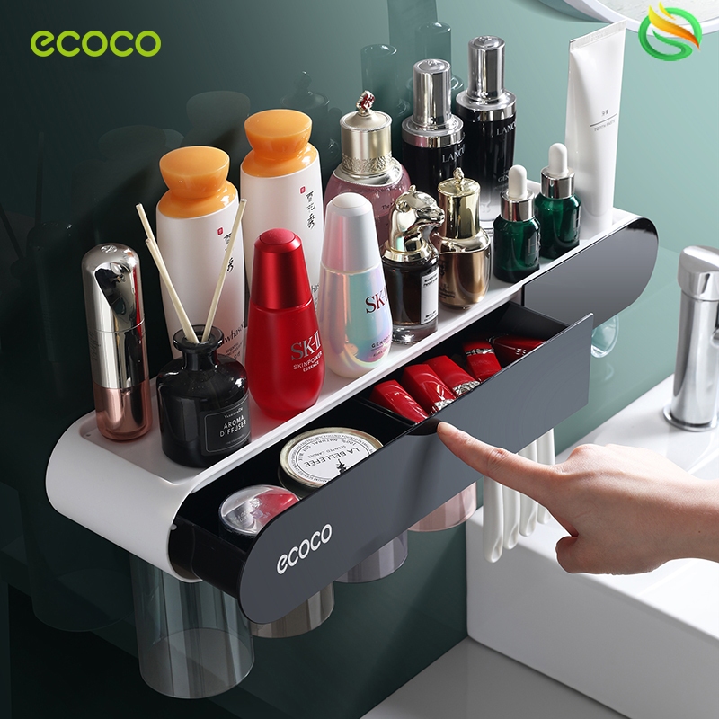[พร้อมส่ง]Ecoco ที่วางแปรงสีฟัน ติดผนัง รุ่นไม่ต้องเจาะ ที่บีบยาสีฟัน พร้อมลิ้นชักเก็บของและสติ๊กเกอร์