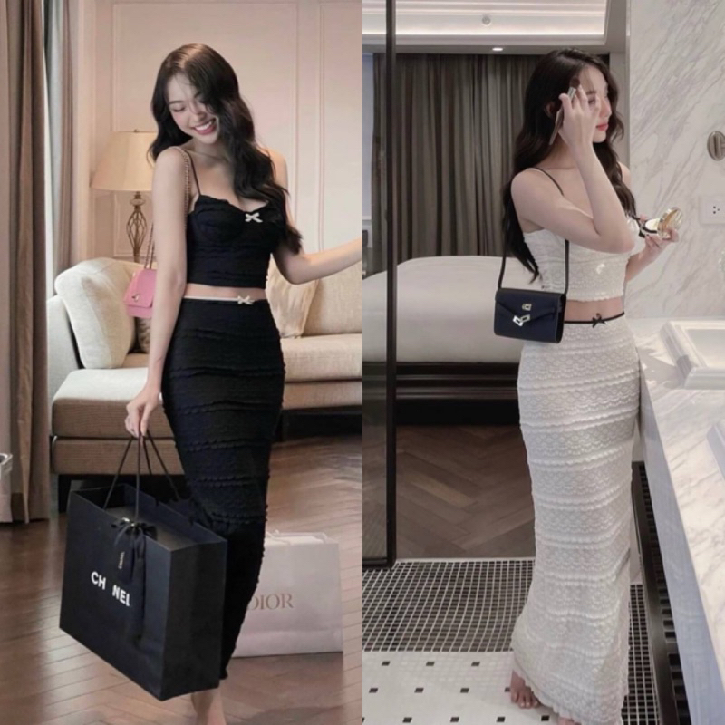 พร้อมส่ง ชุดเซ็ต 2 ชิ้น เสื้อสายเดี่ยวกระโปร่งยาว