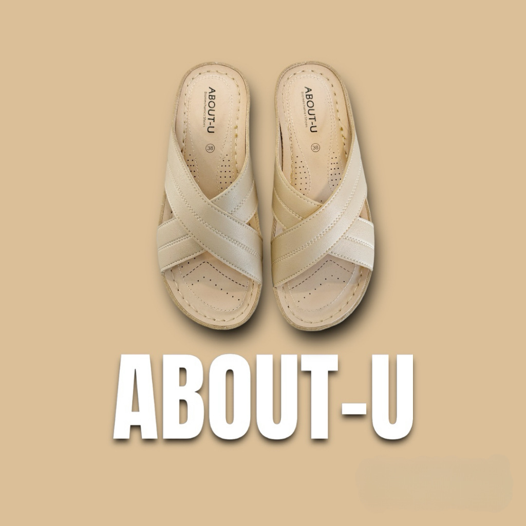 ABOUT-U รองเท้าเพื่อสุขภาพ ใส่สบาย น้ำหนักเบา เย็บรอบใช้ทนมาก กันน้ำ กันลื่น รุ่นBasic Cross สีครีม