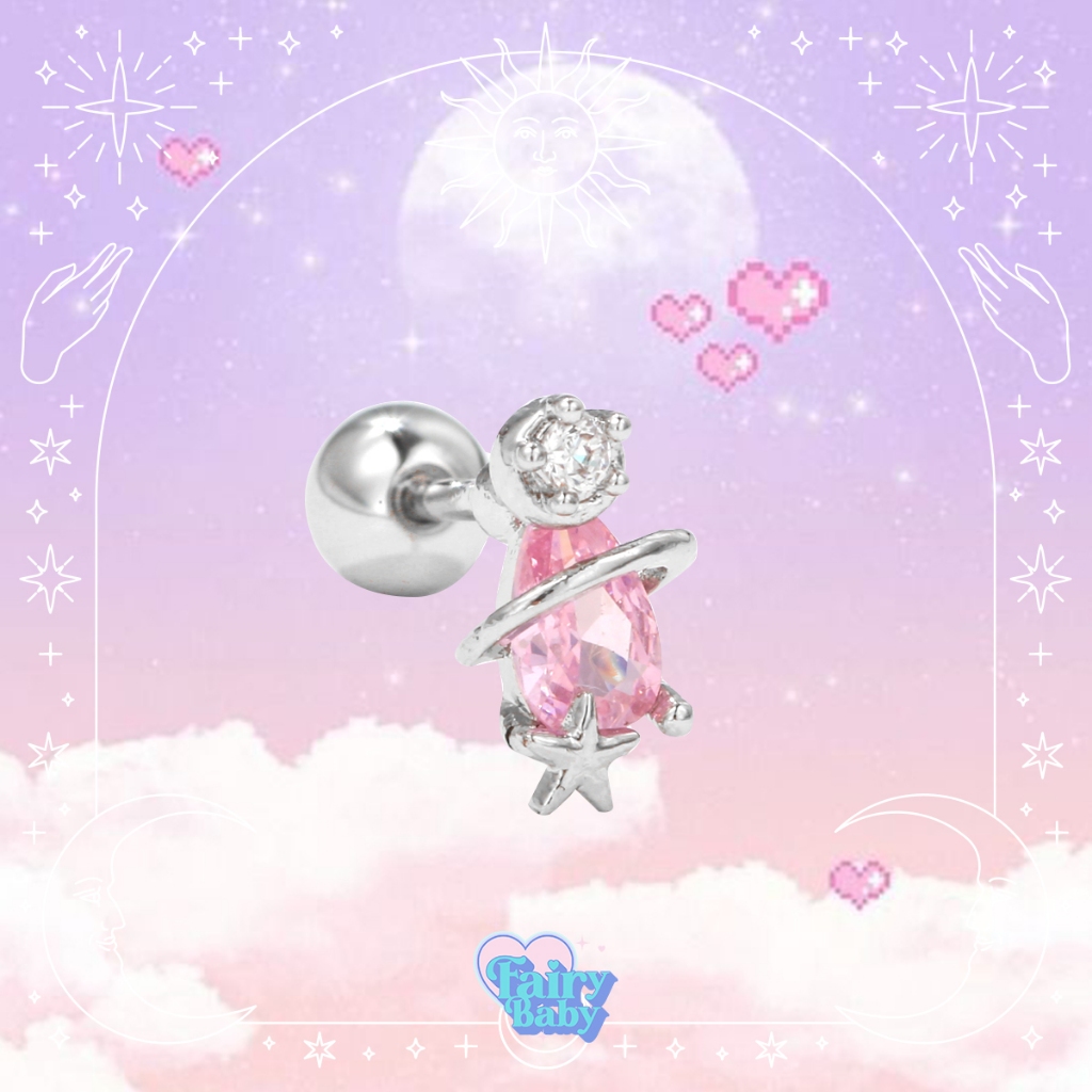 Fairybaby จิว pinky Pear (1ชิ้น) จิวหู หยดน้ำ สีชมพู ก้านเกลียว ต่างหู ตุ้มหู เครื่องประดับ แฟชั่น จ