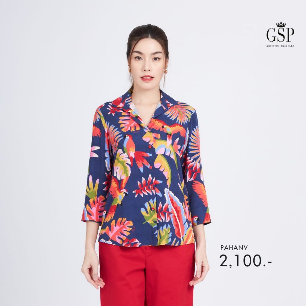 GSP เสื้อเชิ้ตผู้หญิง สกาเล็ทมาคอว์ แขนสามส่วน สีกรม (PAHANV)