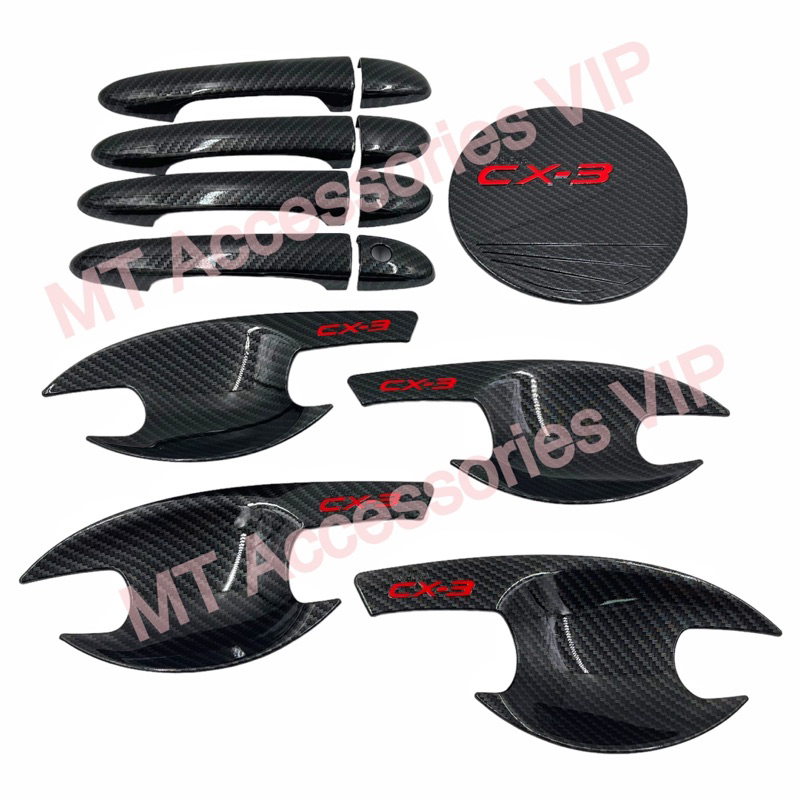 CX3 mazda cx3 เบ้ากันรอย ครอบมือจับ ครอบฝาถัง ลายแคฟล่าโลโก้แดง