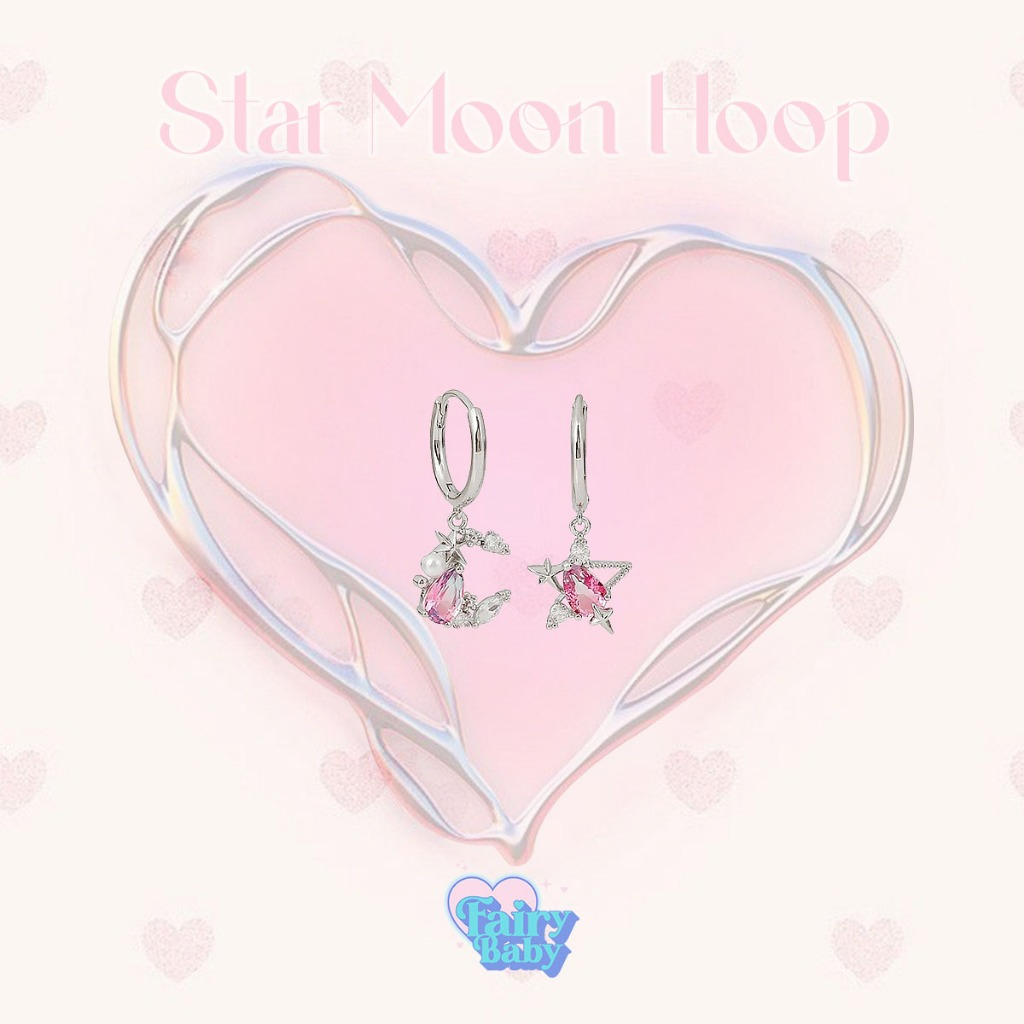 Fairybaby ต่างหู ห่วง Star Moon Hoop ต่างหูห้อย ดาว สีชมพู ตุ้มหู ตุ้งติ้ง เครื่องประดับ แฟชั่น จิวน่ารัก (E2-126)