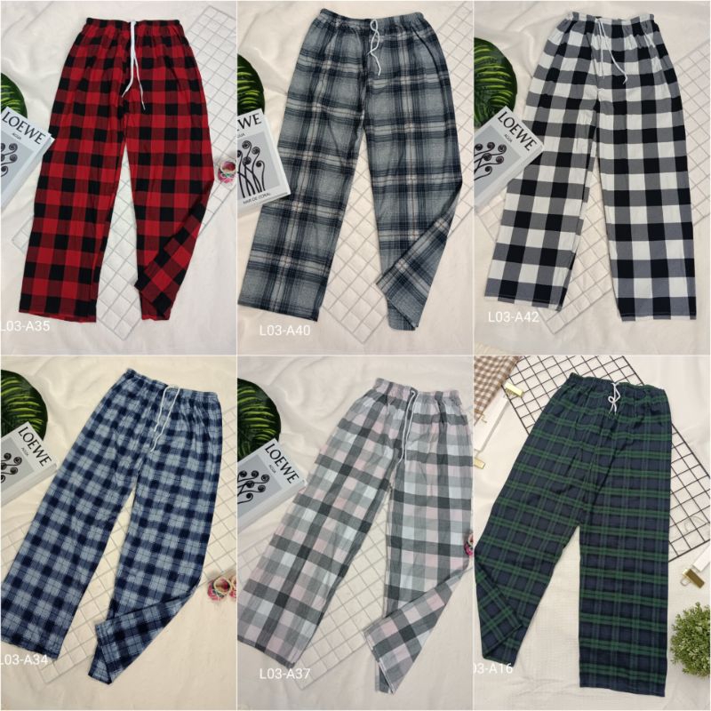 (L03) กางเกงขายาวลายสก็อต สไตล์เกาหลี มีเชือกผูก  ถ่ายจากสินค้าจริง