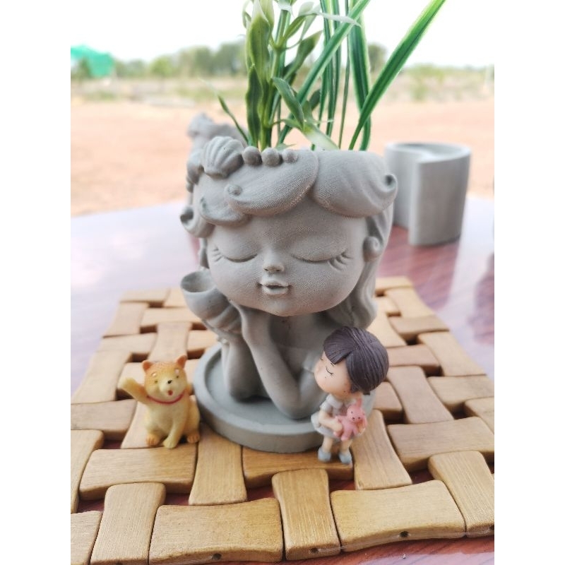 กระถาง น้องผู้หญิงถือหอยสังข์ พร้อมถาดรอง