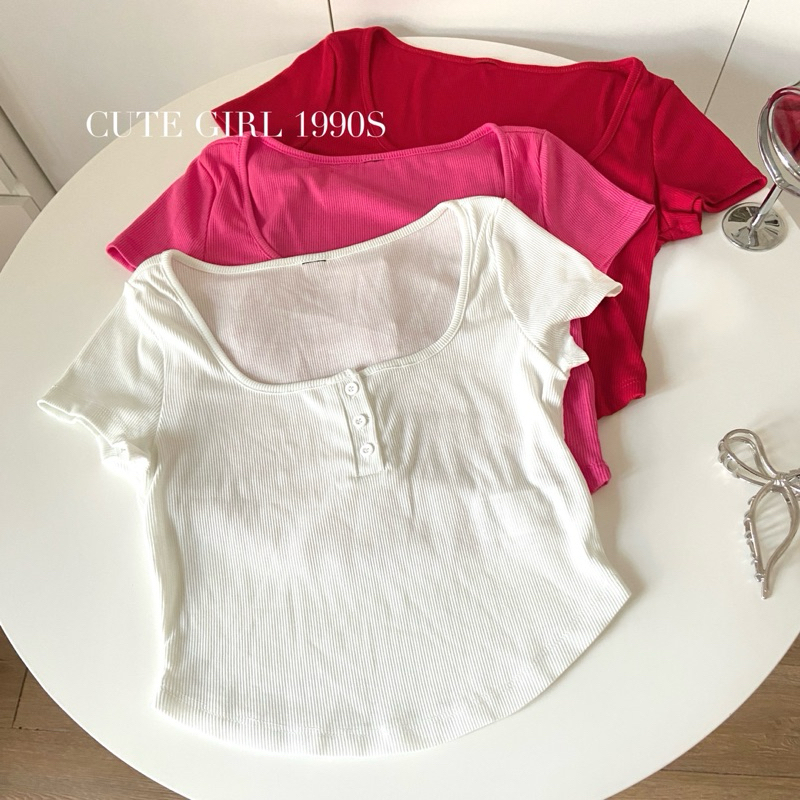 ST905 เสื้อครอปคอเหลี่ยม สีพื้น  🦋