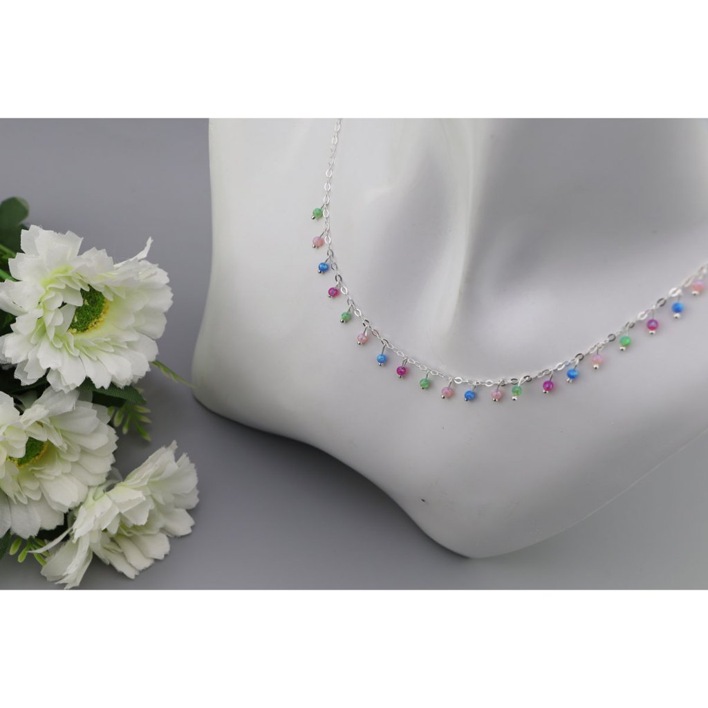 [พร้อมส่ง] (Necklace/สร้อยคอ):925 sterling silver necklace with multi-colored opal / สร้อยคอเงินแท้ 