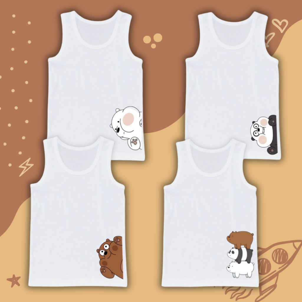 เสื้อกล้ามเด็ก สีขาว ลายการ์ตูนหมีวีแบแบร์ เหมาะสำหรับเด็ก3-12ขวบ ผ้านุ่มใส่สบายไม่ระคายเคือง