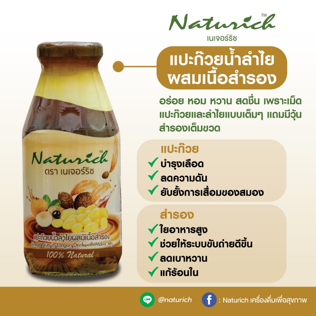 Naturich เนเจอร์ริช น้ำแปะก๊วยลำไยผสมเนื้อสำรอง 1 แพ็ค (6ขวด)