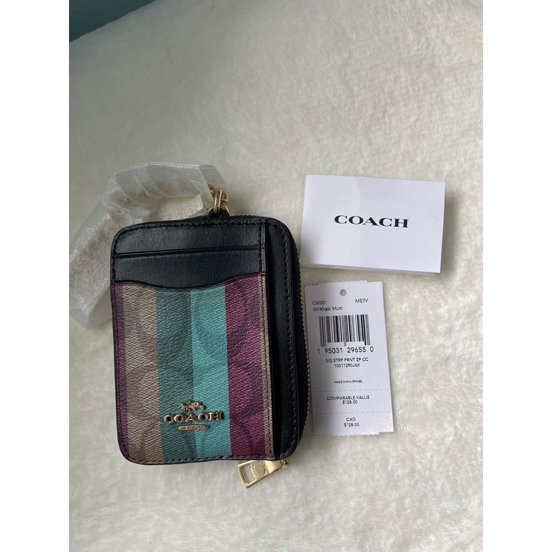 Coach Zip ID Coin Card Case With Chain Stripe Print C6020 แท้