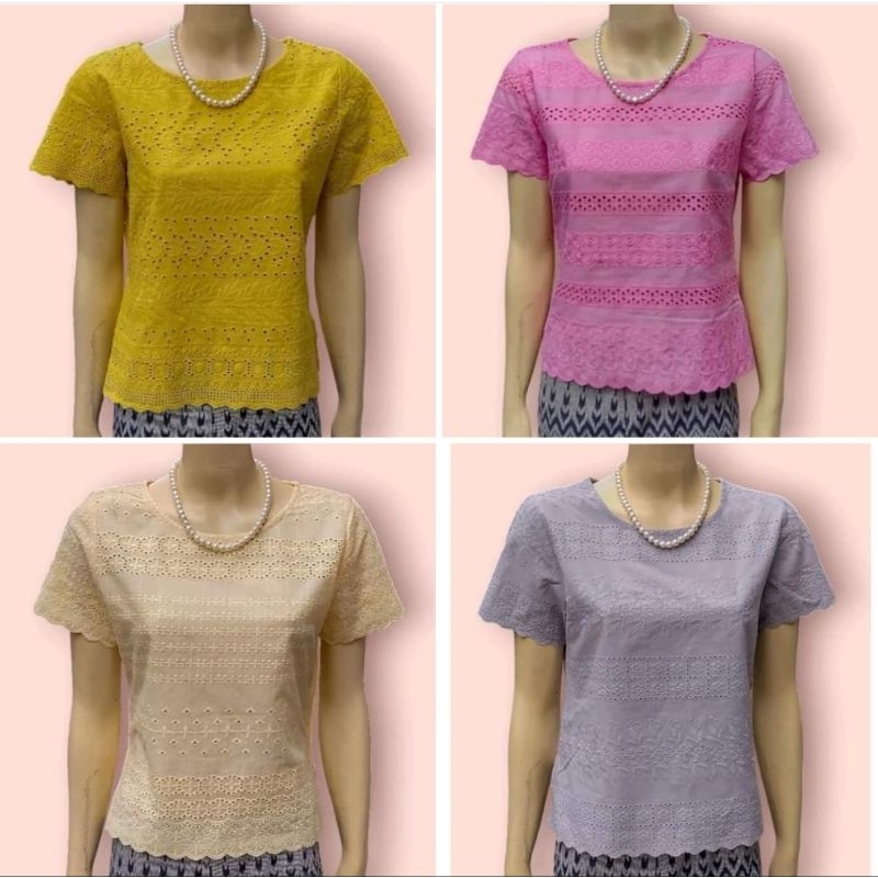 เสื้อลูกไม้ คอกลม แขนสั้น ซิปข้าง มีเบอร์ 38-44
