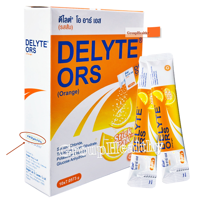 DELYTE ORS Orange เกลือแร่ ดีไลต์โออาร์เอส รสส้ม (ยาสามัญประจำบ้าน) เกลือแร่สำหรับท้องเสียท้องร่วงอาเจียน 10 ซอง 1 กล่อง