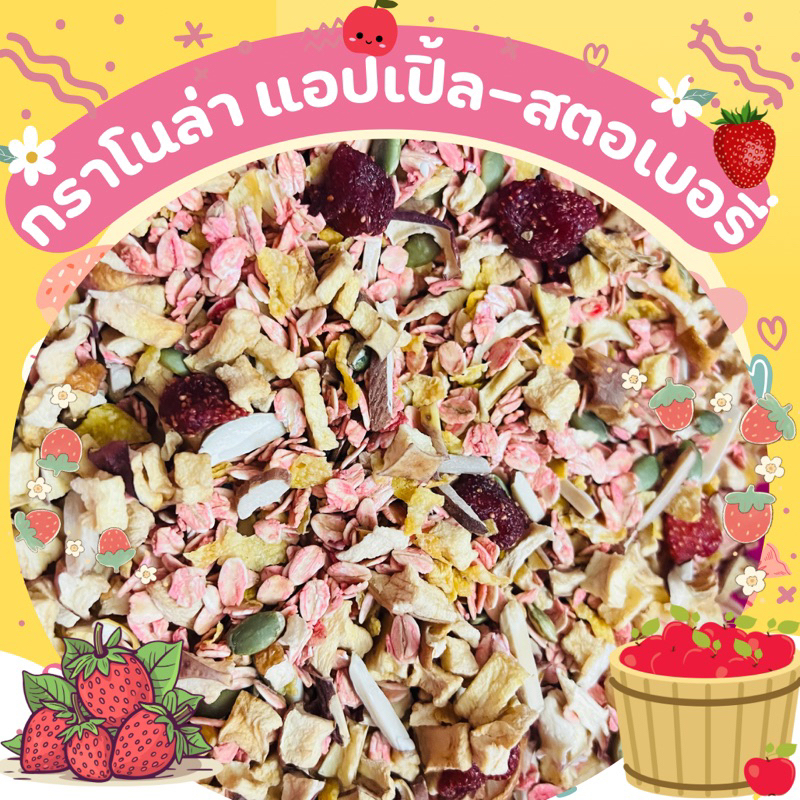 กราโนล่าแอปเปิ้ล สตอเบอรี่ สำหรับนก ไม่ปรุงแต่งรสชาดธรรมชาติ 20g