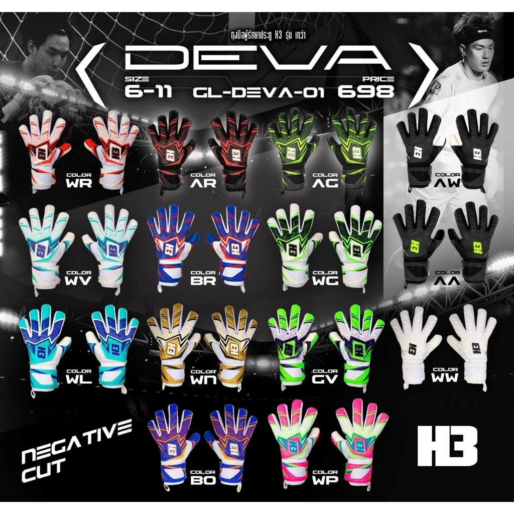 ถุงมือผู้รักษาประตู ถุงมือโกล H3 รุ่น DEVA มี finger safe 5 นิ้ว