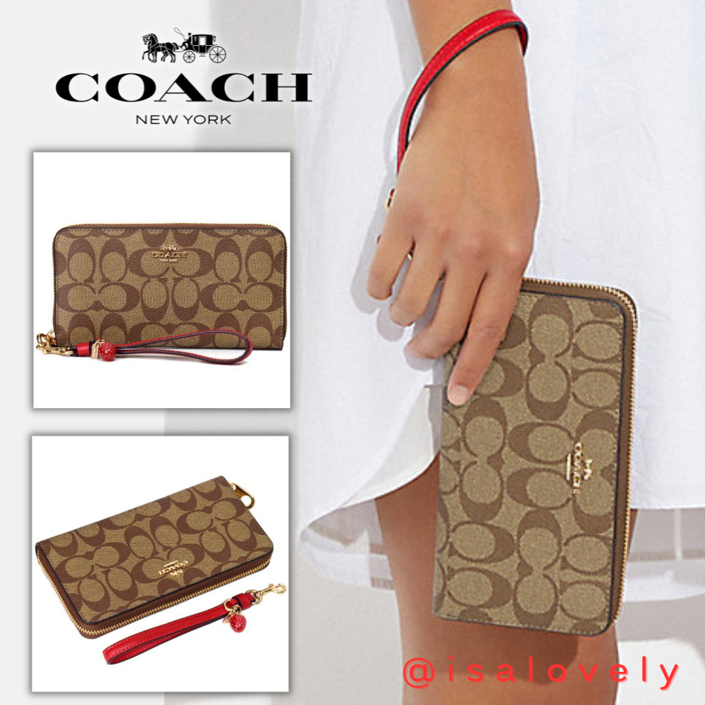 📌Isa Lovely Shop📌  Coach CH595 Long Zip Around Wallet In Signature Canvas With Strawberry COLOR: Im/Khaki/Electric Red