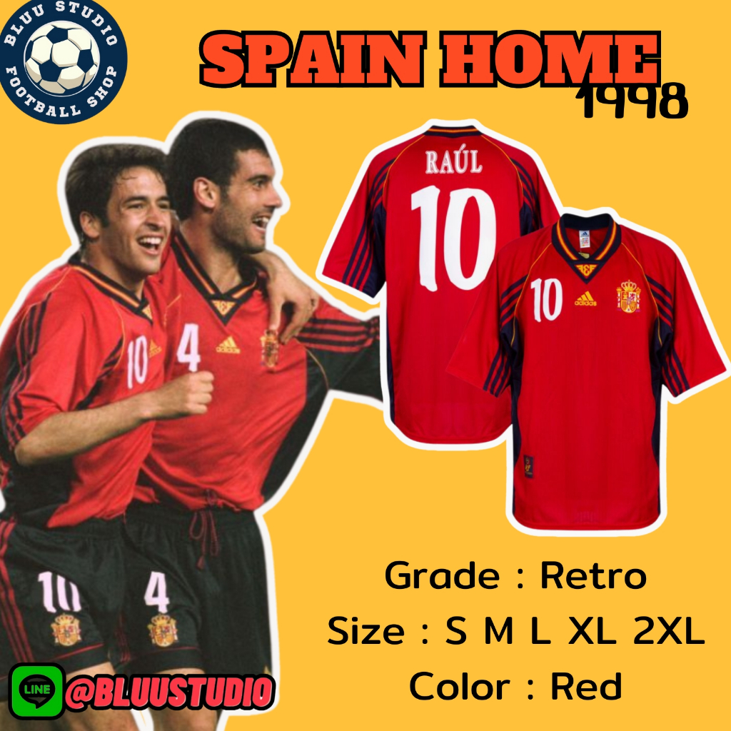 bluu พร้อมส่งจากไทย เสื้อบอลย้อนยุค สเปน เหย้า ปี 1998 Retro Spain Home Jersey 1998 เกรดดีที่สุด Original 1:1