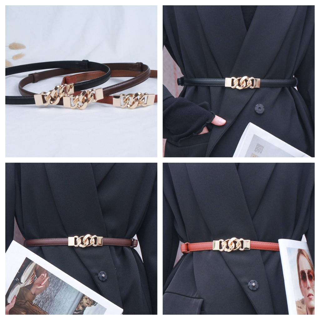 พร้อมส่ง เข็มขัดหนังpu สไตล์เรียบง่าย สไตล์เกาหลี แฟชั่นสำหรับผู้หญิง หัวเข็มขัดสีทอง（p116）
